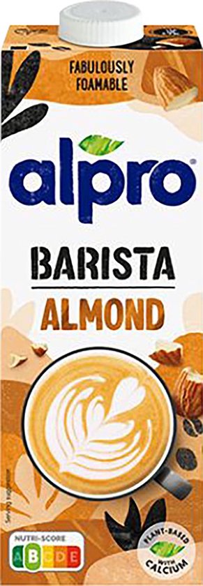 Alpro Barista Almond verpakking met Nutri-score en plant-based met calcium.