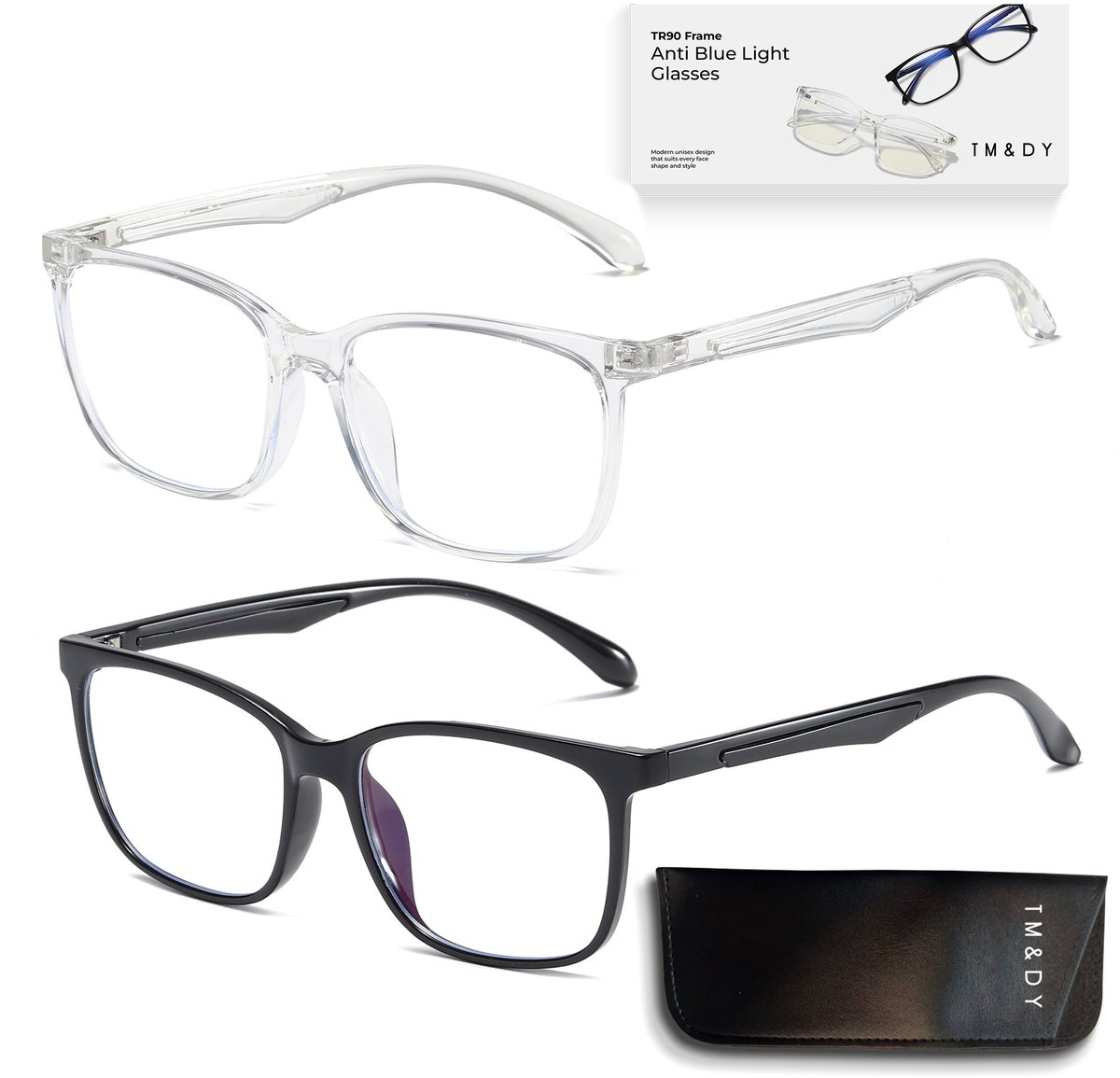 TM&DY Blauw Licht Bril – 2 Stuks (Zwart & Transparant) – Zonder Sterkte – Blue Light Glasses – TR90 - Voor Computer, Telefoon & TV – Unisex – Vermindert Oogvermoeidheid - Beeldschermbril