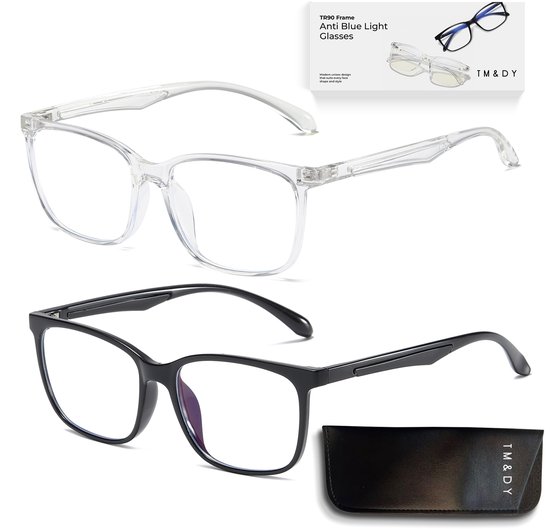 TM&DY Blauw Licht Bril – 2 Stuks (Zwart & Transparant) – Zonder Sterkte – Blue Light Glasses – TR90 - Voor Computer, Telefoon & TV – Unisex – Vermindert Oogvermoeidheid - Beeldschermbril