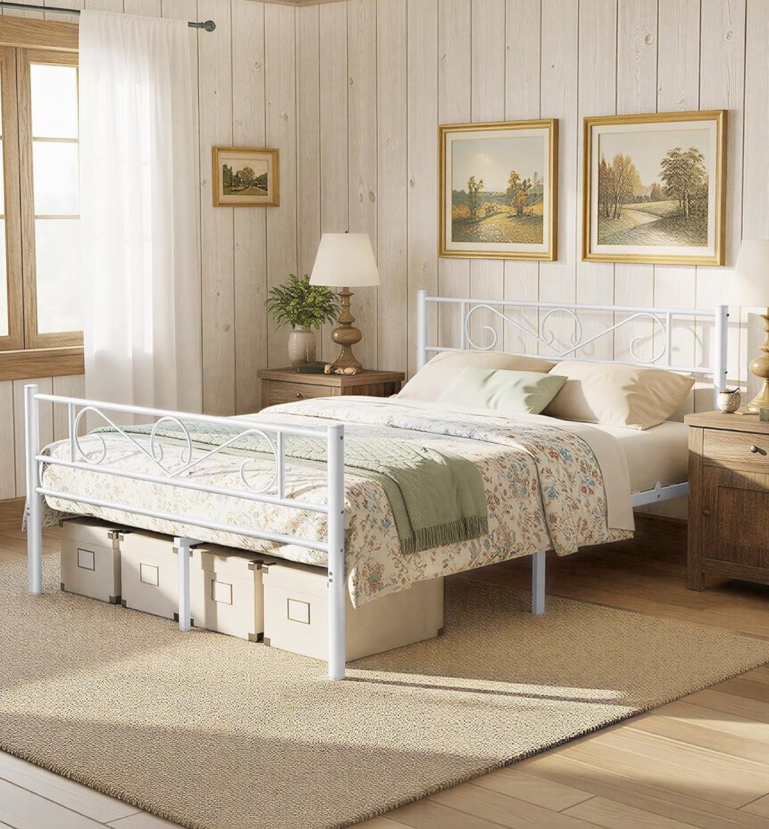 Luxe Metalen Tweepersoons Bedframe 140x200 – Extra Stevig 1000 lbs Draagkracht – Hoog Hoofdeinde – Stil & Kraakt Niet – Veel Opbergruimte Onder Bed – Mat Wit Metaal – Logeerbed / Double Bed –