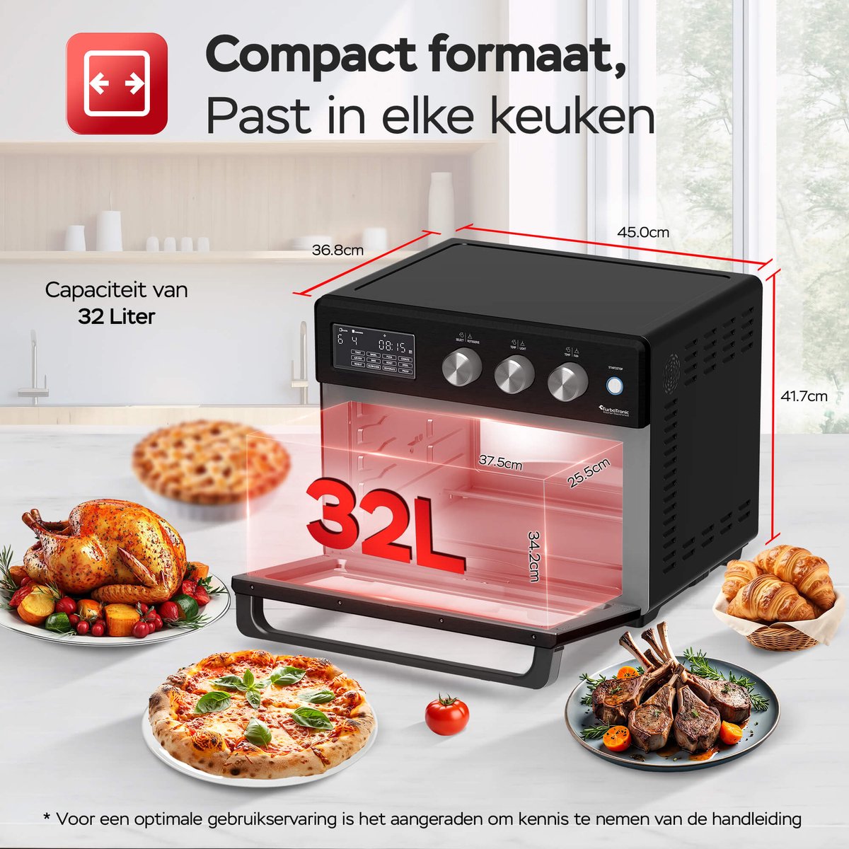 TurboTronic AF32DRD Airfryer XXL en Mini Oven – 32 Liter – Vrijstaande Oven – 12 Kookprogramma’s – 25° tot 230°C – Zwart — afbeelding 3
