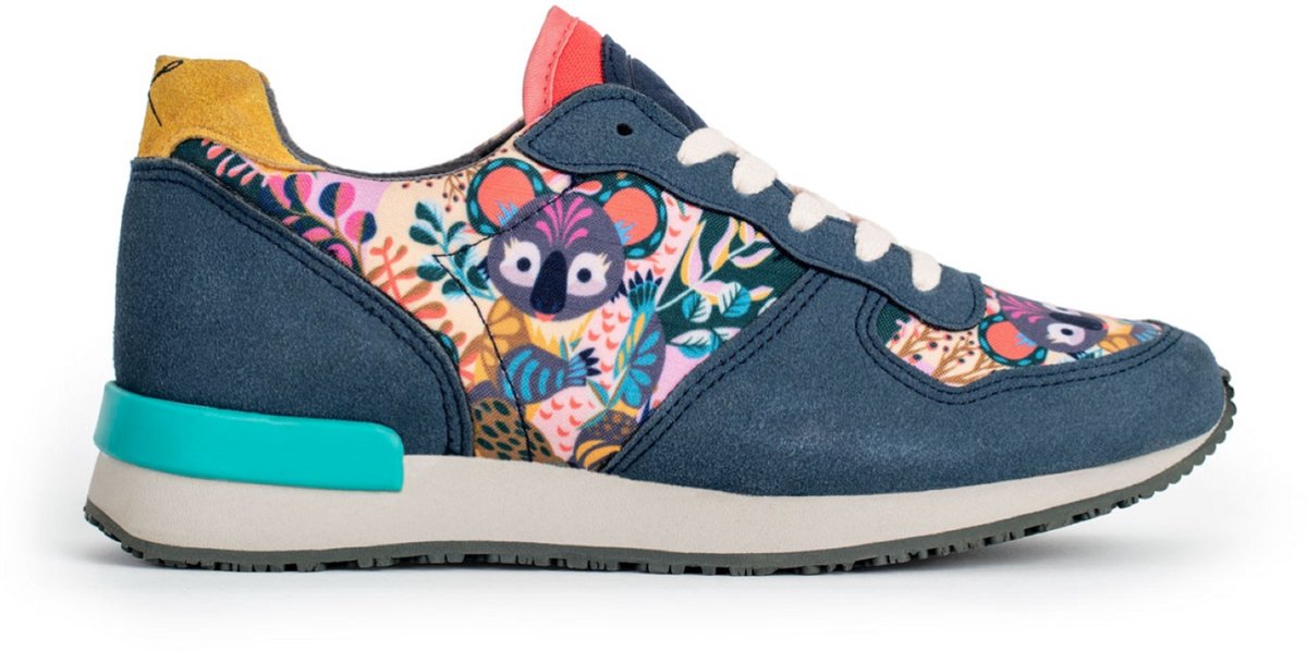Inkkas Joey dames sneaker – comfortabele kleurrijke vegan sneaker met koala-print – saliegroen/lavendel/blauw, Maat 42