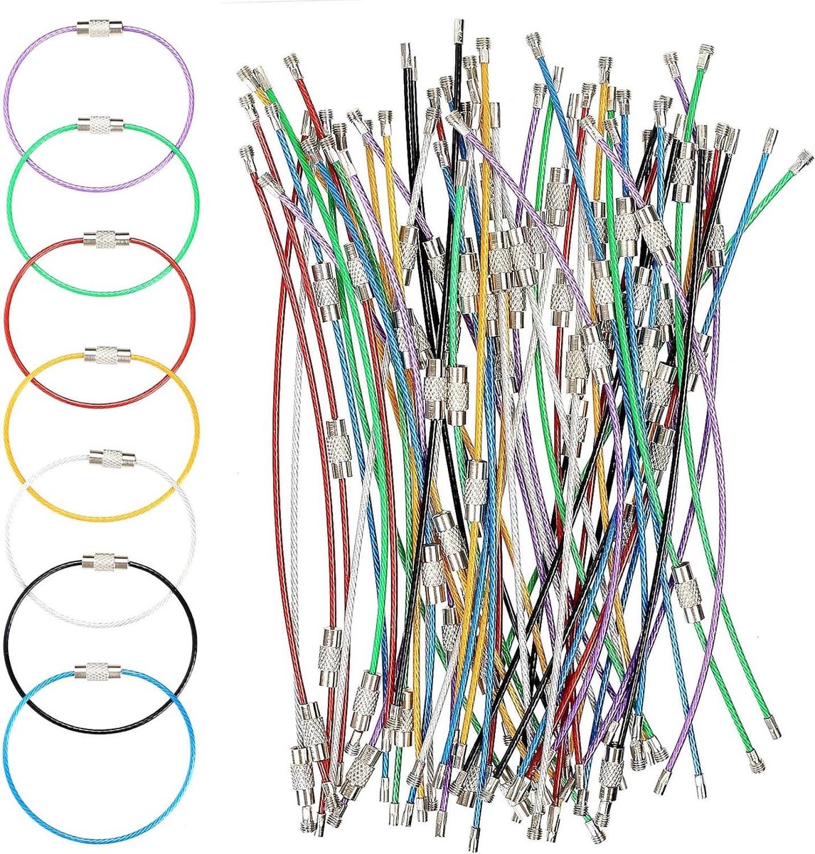 CSGoods - Sleutelhanger draadkabel sleutelringen - divers gekleurd - roestvrij staal - draaivergrendeling - bagagelabels ID-tags - 63 stuks