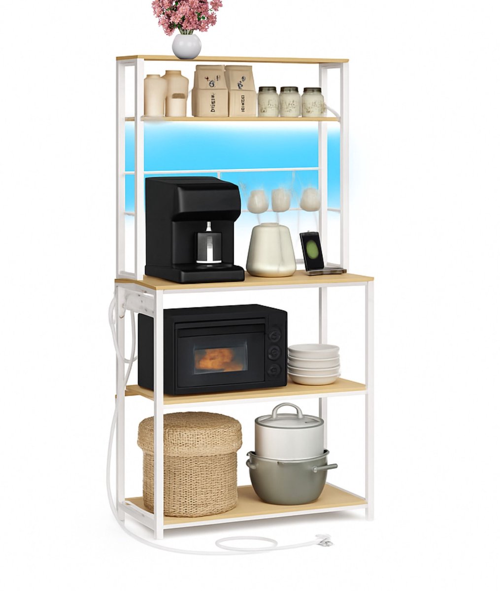 Signature Home KeukenKast met LED-verlichting - staande KeukenKast met stopcontacten - magnetronrek met verstelbare planken - 8 haken - mat gouden eiken - 40 x 80 x 168,4 cm