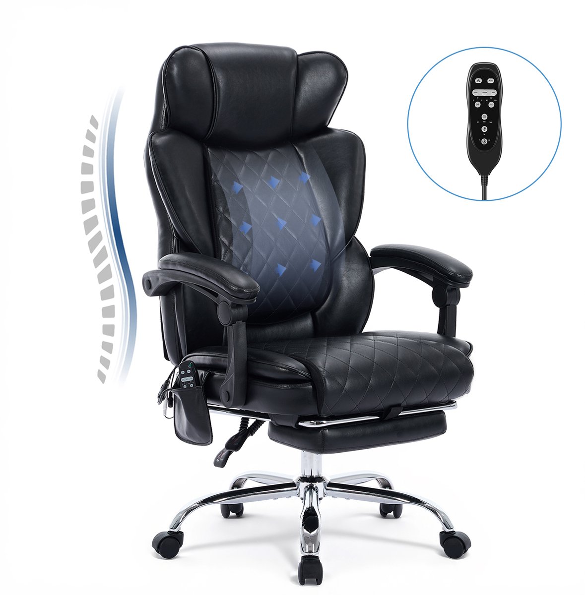 COLAMY Massagestoel bureaustoel met verwarming en 6 vibratiepunten, luxe computerstoel met voetsteun, 90-125° verstelbare hoge rugleuning voor comfortabel thuiswerken,zwart thumbnail 2