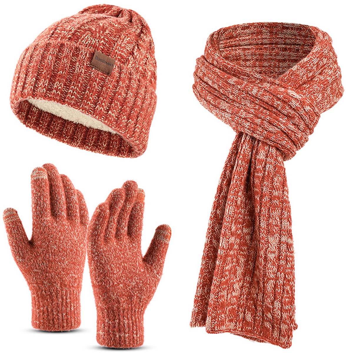 3-in-1 Winterset - Gebreide Muts - Lange Infinity Sjaal - Touchscreen Handschoenen - Dames - Skiën - Wandelen - Fietsen - Dagelijks Gebruik - Cadeau - Rood