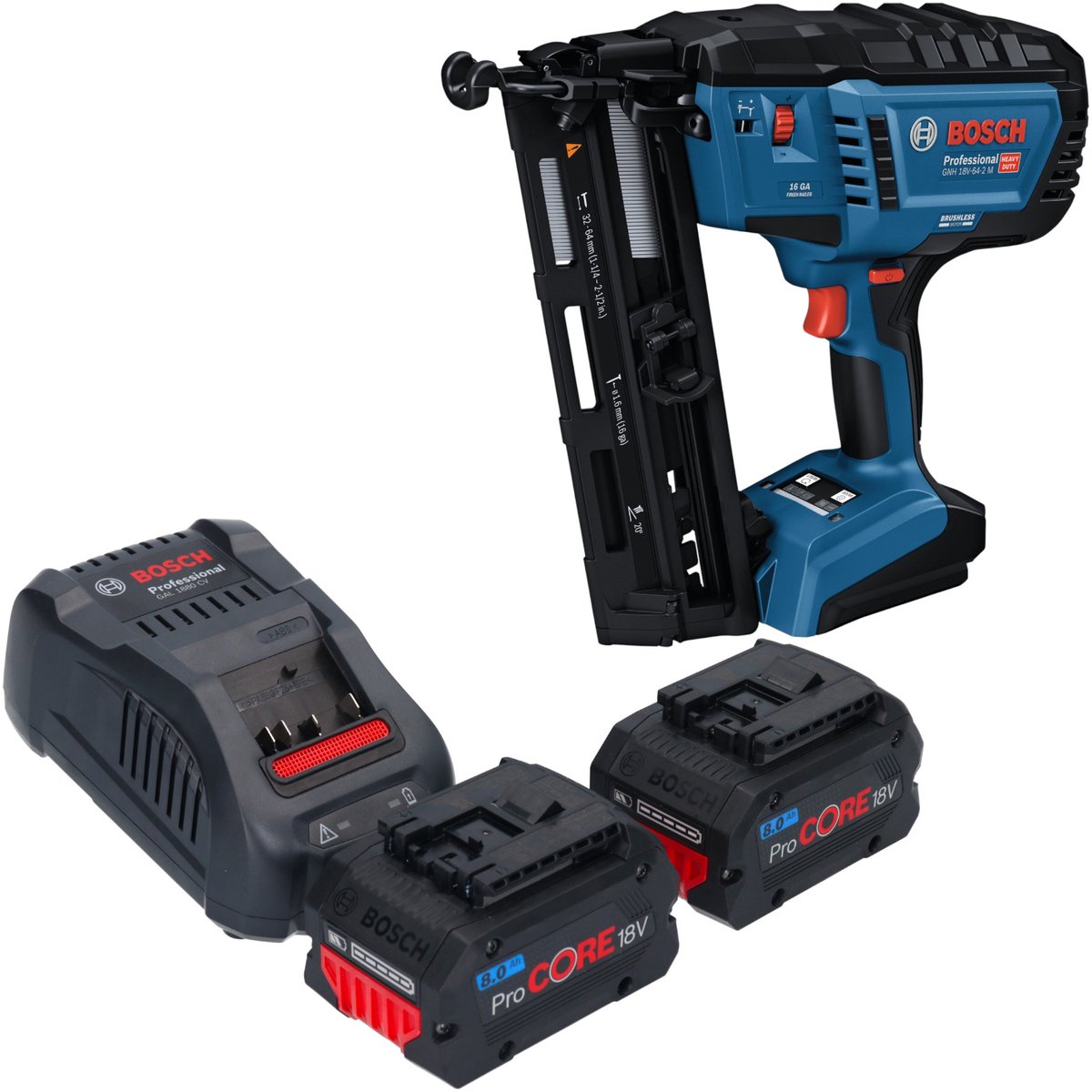 Bosch GNH 18V-64-2 M Professional accu houtspijkermachine 18 V 1,6 x 32 - 64 mm + 2x ProCORE accu 8,0 Ah + oplader