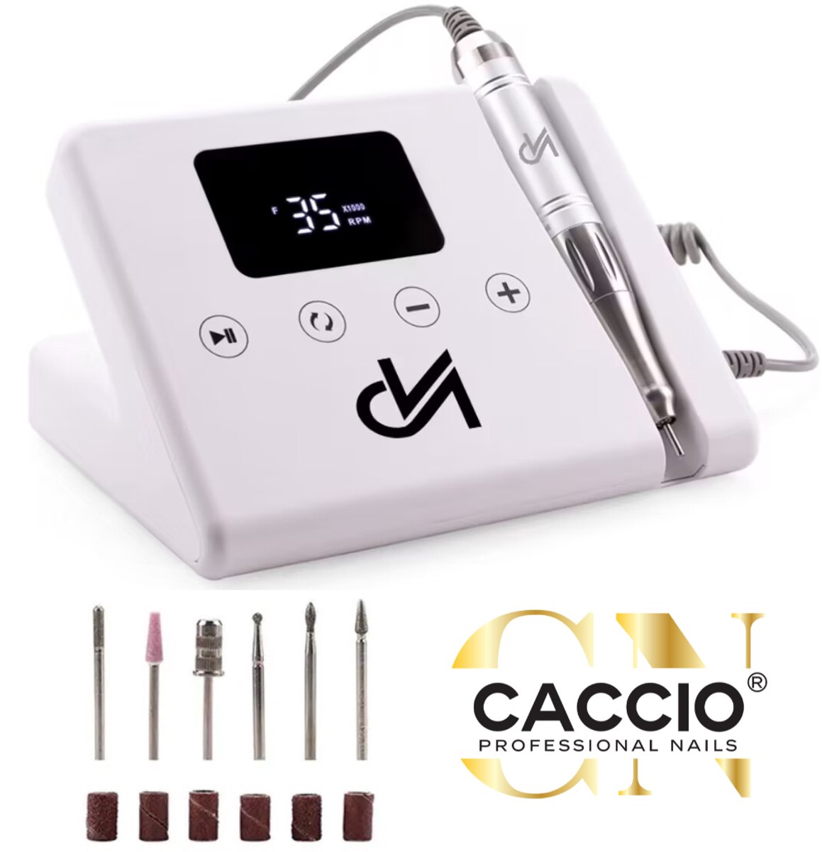 CACCIO®Master 1.0 Nagelfrees Origineel-Elektrische Nagelvijl-Vibratievrij - Geluidvrij - 65W-1 Jaar Garantie-Wit-Inclusief 6 bitjes-Licht Handstuk - Manicure/Pedicure Voeten en Handen - Kwalitatieve Motor - Nieuwe Technologie - Professioneel gebruik