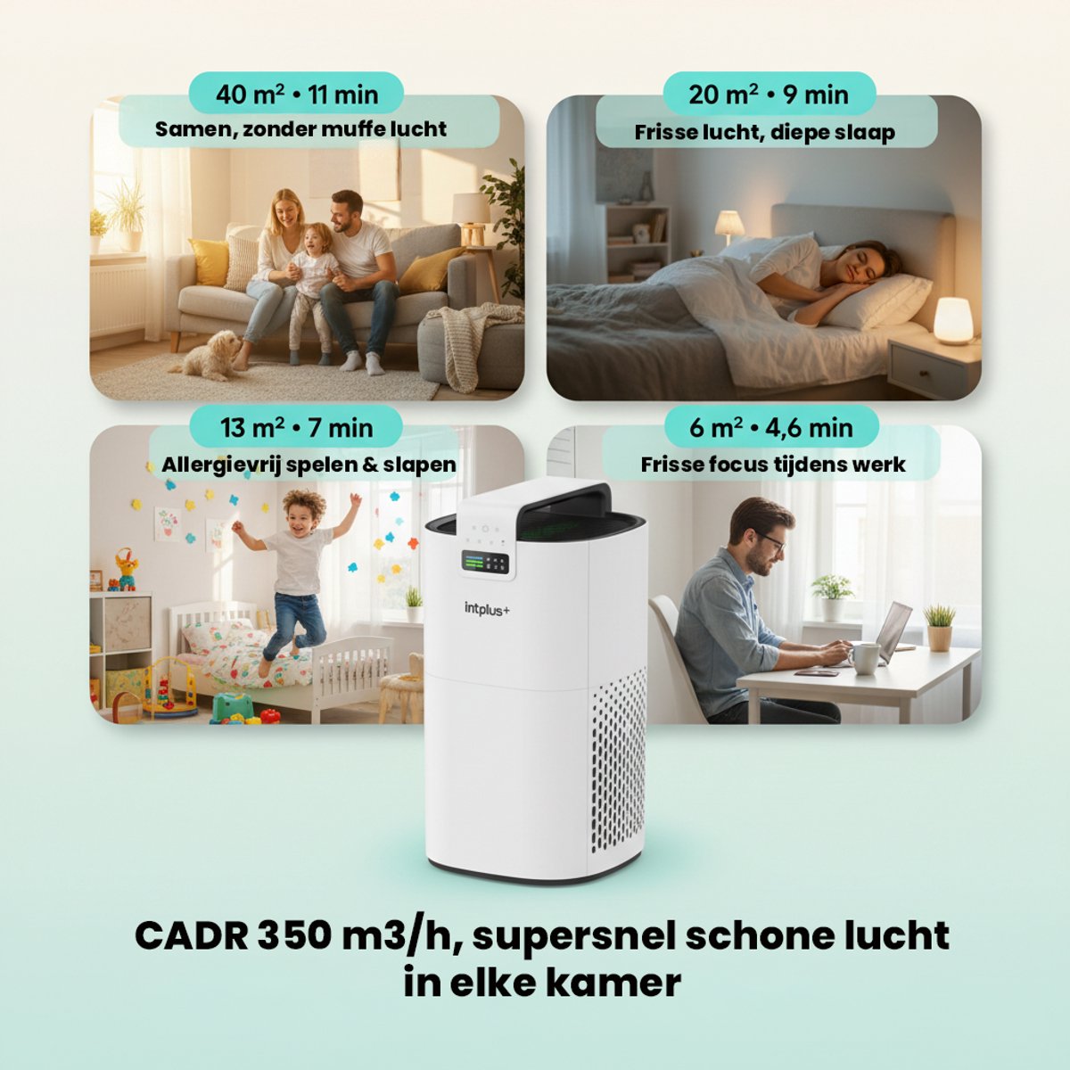 Airflow Luchtreiniger / Air Purifier voor Huisdieren & Allergie - 350 m³/h – HEPA Filter H13 – App bediening & Luchtkwaliteitsensor - intplus+ — afbeelding 4