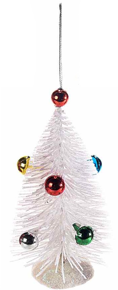 Kerstboom met Glitter en Kerstballen Wit - Kerstornament - Ø 6 x 11 cm