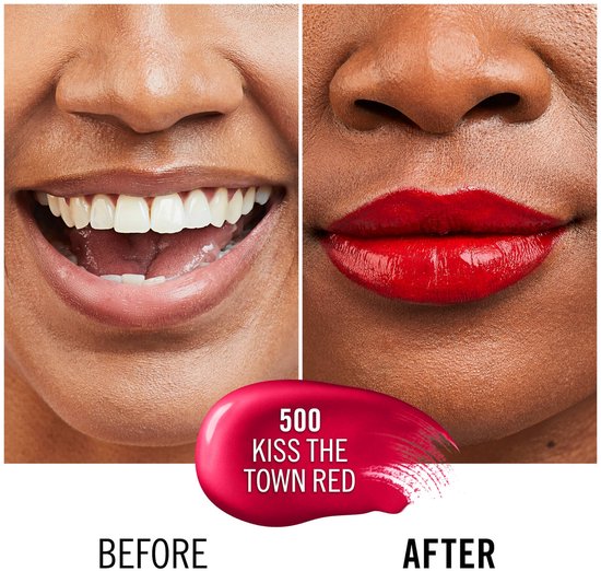Voor en na foto van een mond met rode lipstick. "BEFORE" en "AFTER" zijn zichtbaar.