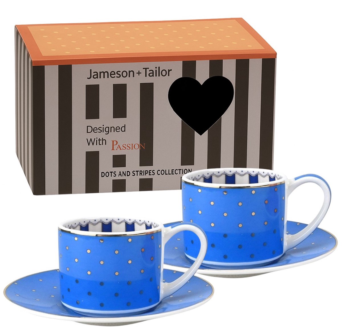 2x Stijlvol Koffie / Thee Kopjes met Schotel 90ml – Lichtblauw met Gouden Stippen – Luxe Cadeau – Perfect voor Espresso & Cappuccino