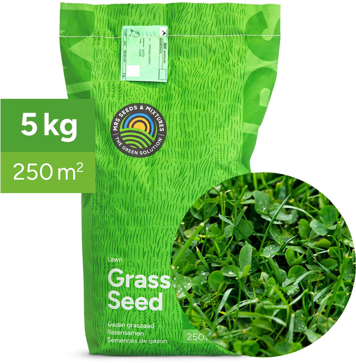 MRS Graszaad met microklaver - 5 kg voor 250 m² - Jaarrond groen gazon - Minder meststof nodig - Bestand tegen droogte en intensieve betreding - Geschikt voor schaduw en zon