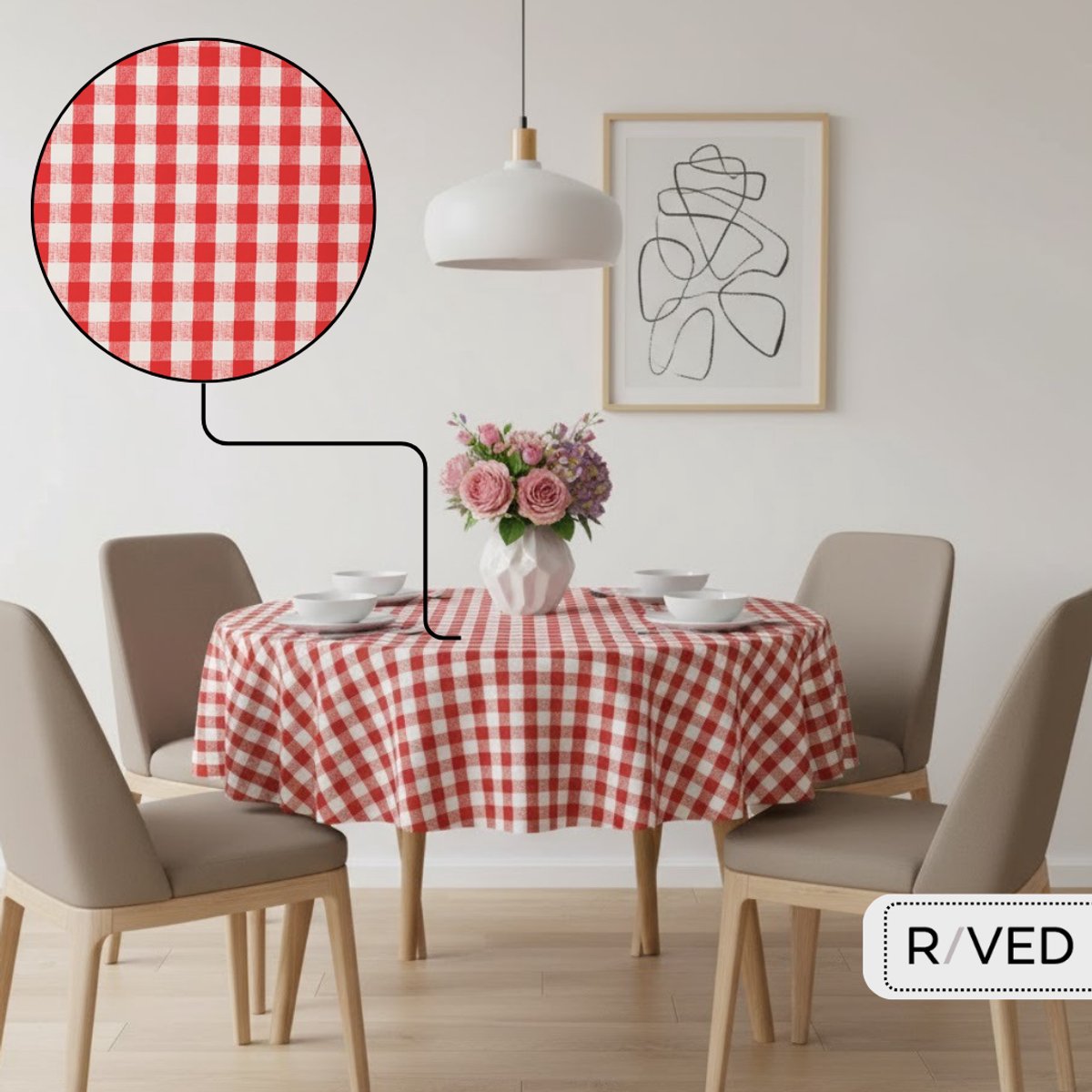 Raved Rond Tafelzeil - 160 cm ø - Boerenruit Rood - PVC - Afwasbaar