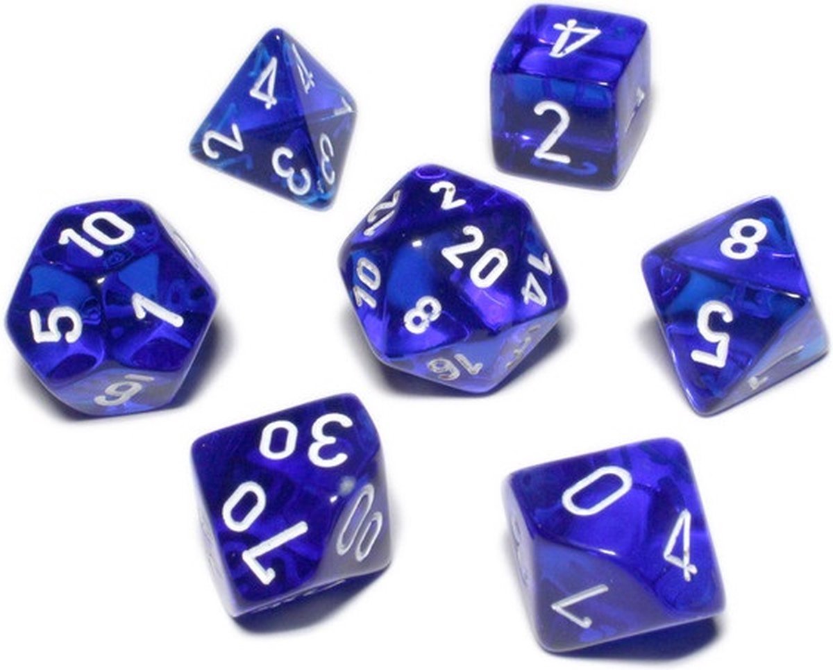 Polyset Dice | Dobbelstenen - Set Van 7 Stuks - Blauw Wit Doorzichtig Transparant| Voor D&D en Andere Rollenspellen | Plastic Dobbelstenen Set voor Dungeons and Dragons | Polyhedral Dice Set | Met Mooie Zwarte Velvet Dice Bag voor Ongeveer 3 Sets