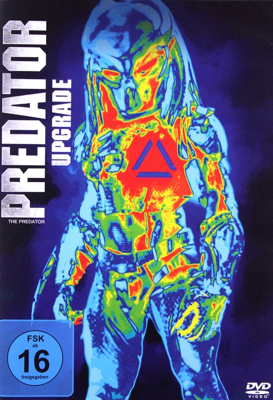 Een Predator-figuur in thermische weergave, met rode en gele accenten op het lichaam en een blauw masker.