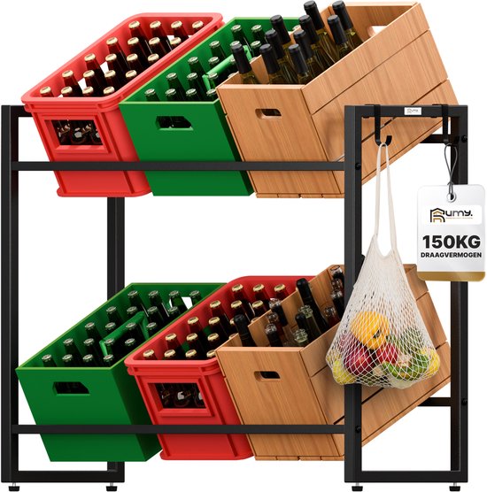 Rumy Crate Rack for 6 Crates Zwart - Étagère de rangement avec crochets - Etagère pour la cuisine et le garage - Armoire de rangement pour caisses Max 100 kg