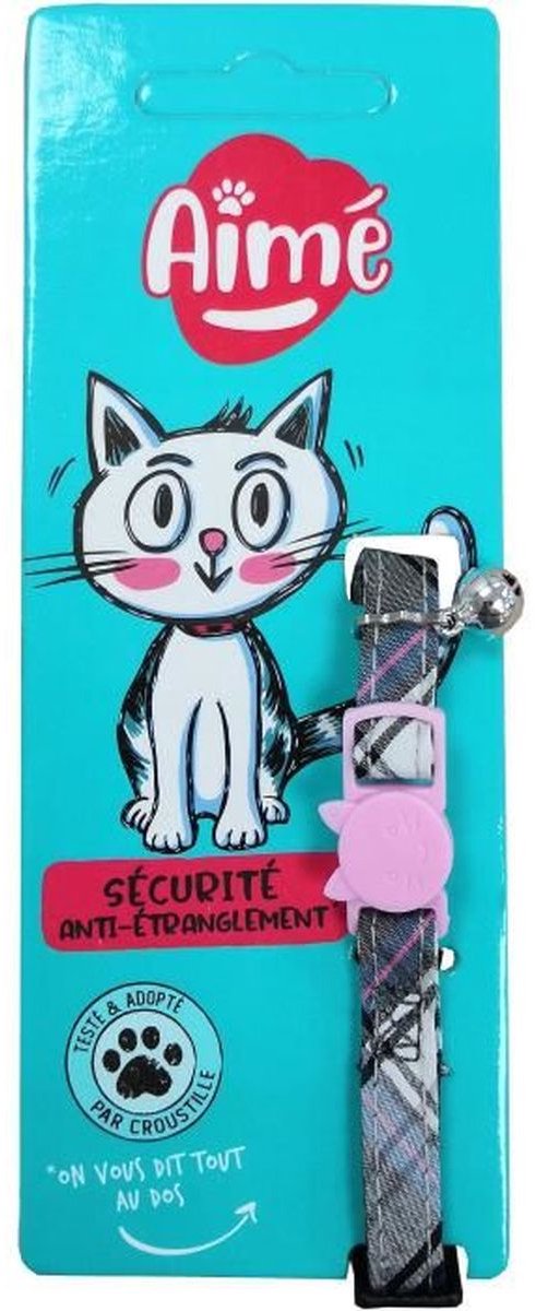 Kattenhalsband - AIME - Roze tartan - Blauwe denim, karamelkleurige bloem, gouden bel