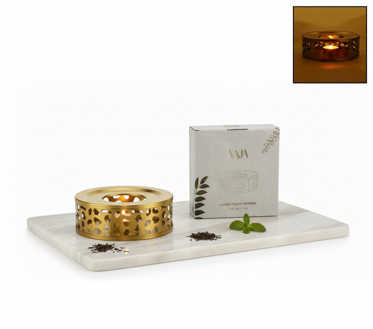 Vaja Glazen Theepot Fay 1 .4 Liter met Filter en Warmhouder - Theepot Glas voor Losse Thee en Theebloemen - Tea Maker - Theelicht houder voor Theekan met Zeef - Infuser - Warmer - Goud — cadeau in Koken & Dineren - foto 6
