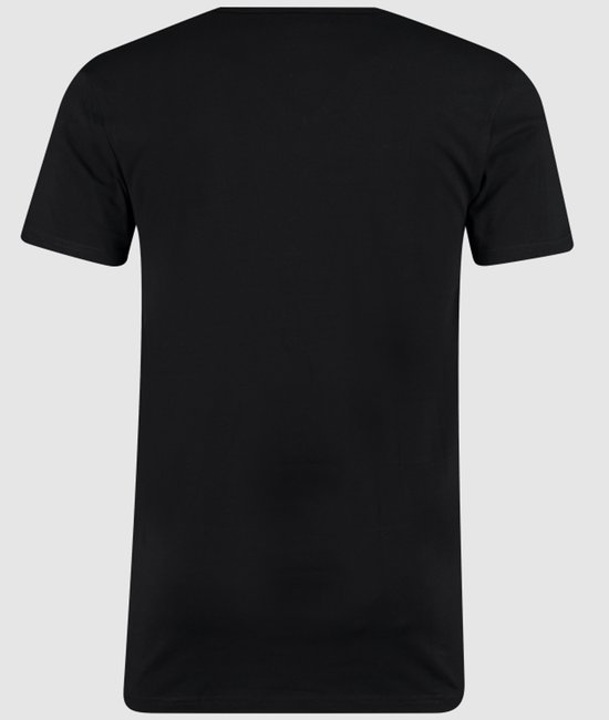 Zwarte T-shirt met V-hals, korte mouwen en body fit.