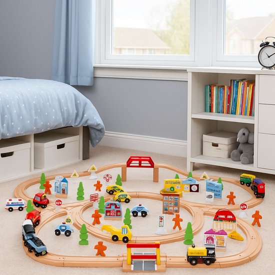 Maxx Kidz Houten Treinset 100 delig - Treinbaan voor Kinderen vanaf 3 Jaar - Compleet met 2 Treinen en Accessoires - Houten Treinbaan Speelgoed voor Jongens en Meisjes - 450cm Lange Baan
