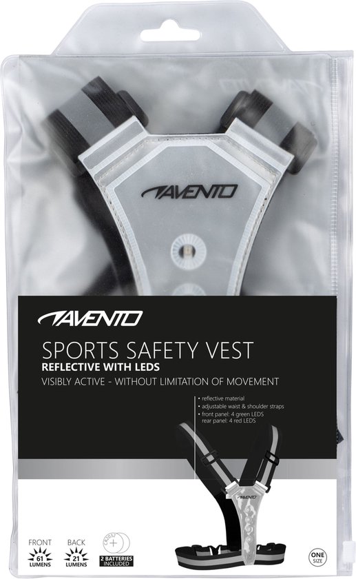 Avento sportveiligheidsvest met reflecterende banden en rode LED's, in verpakking.