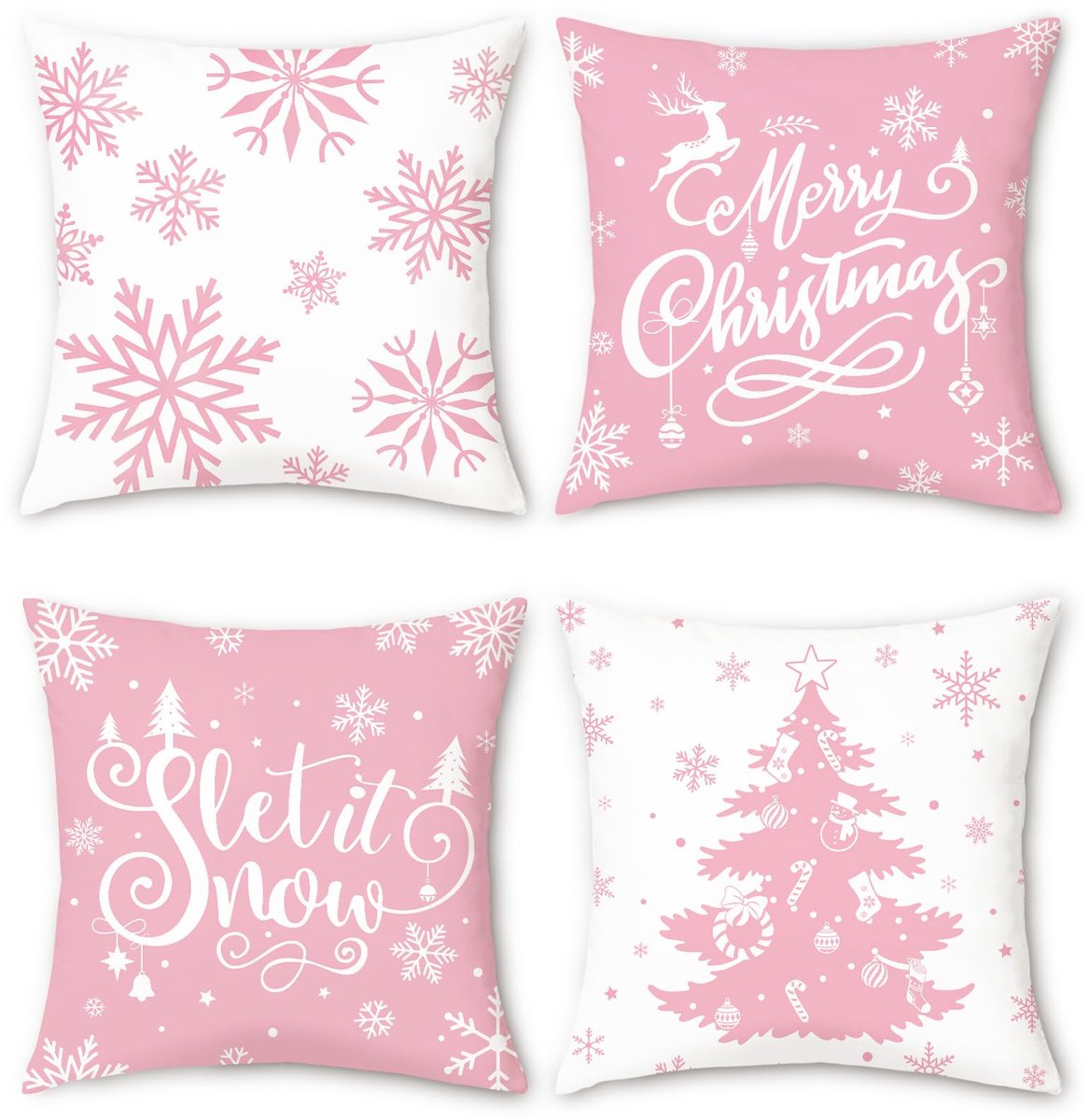 Unyqoos Set van vier feestelijke roze kussenhoezen met winterse prints voor huisdecoratie Roze wit