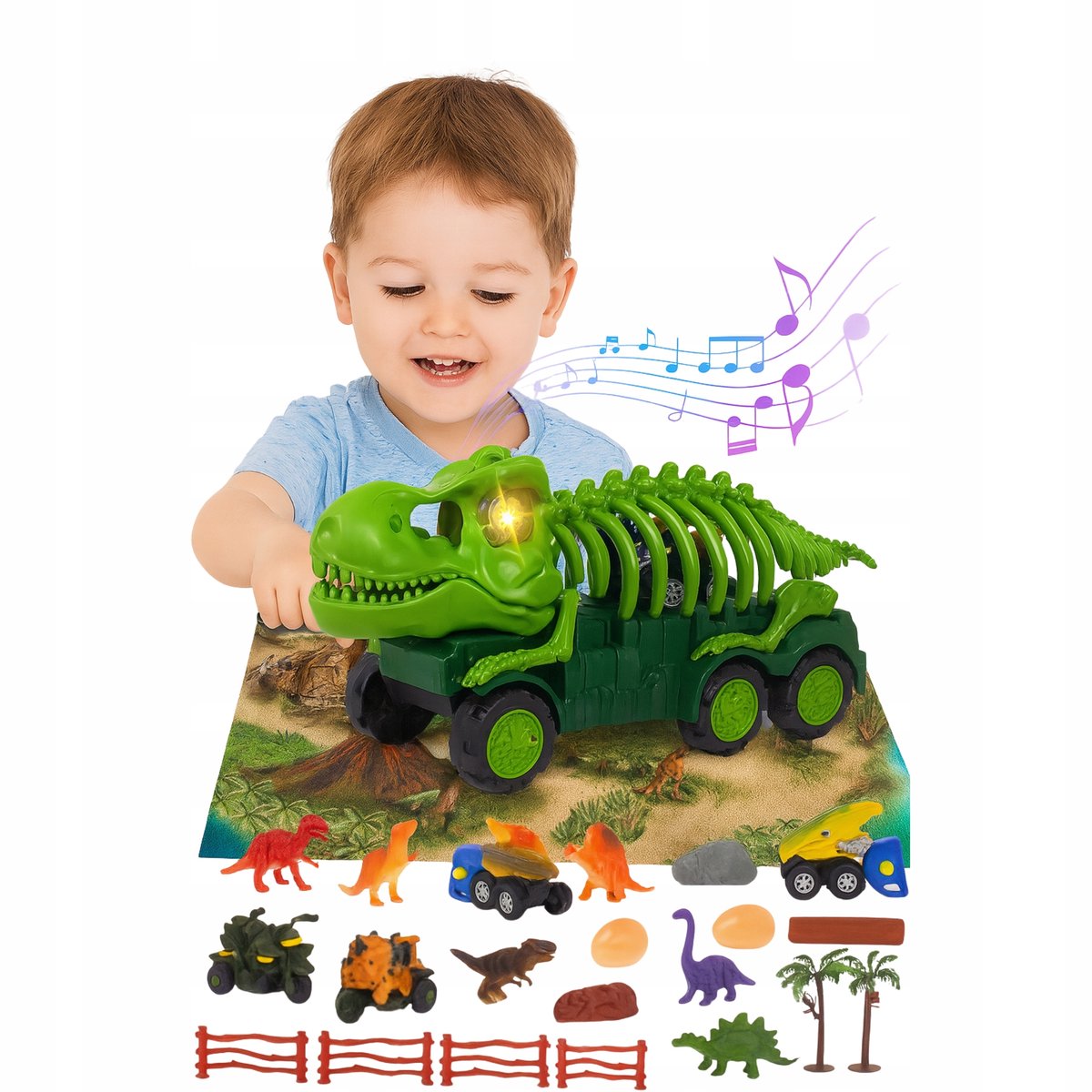 Dino Vrachtwagen Speelgoed met Geluid & Licht - Inclusief 6 Dino Figuren
