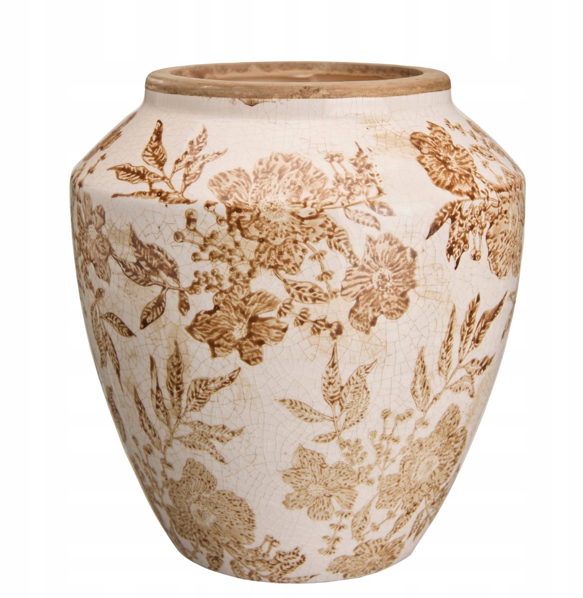Keramieken Vaas Ecru Wit Bloemenmotief 17x16cm - Decoratieve Pot