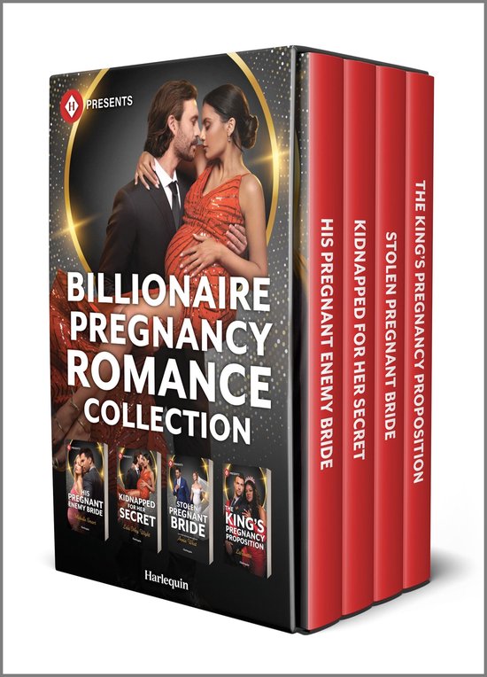 Een collectie boeken met als titel 'Billionaire Pregnancy Romance Collection'. De voorkant toont een zwangere vrouw en een man, met boeken met rode ruggen.