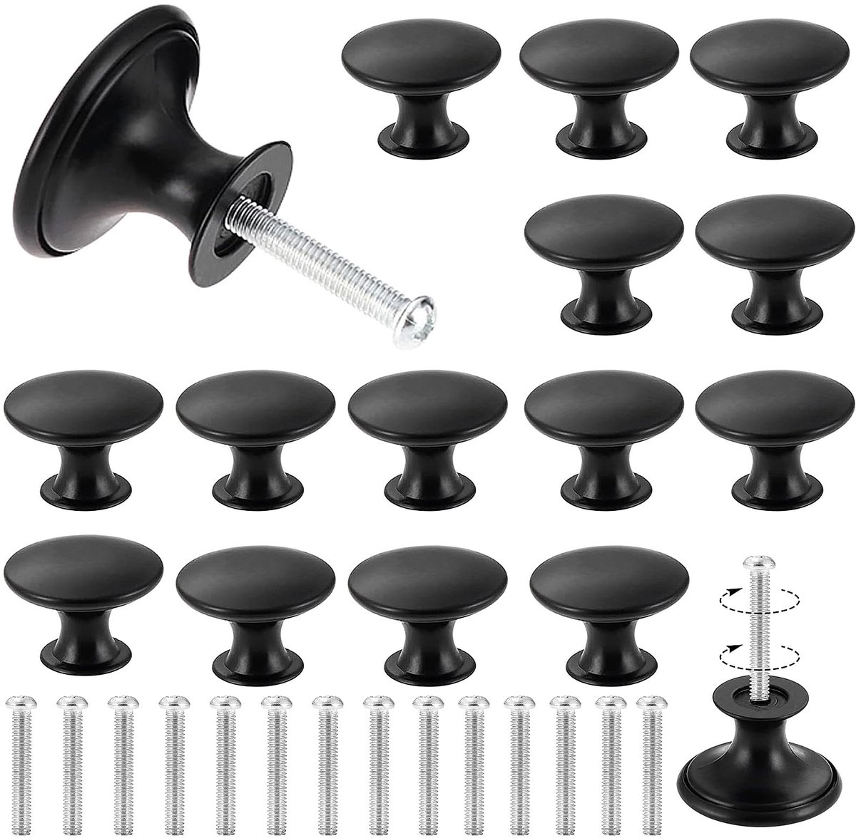Ynkkvre - deurtrekker set - 30mm ronde zwarte meubelknoppen - ronde zwarte keukengreep met schroeven - voor meubels, lades, kasten, deuren, badkamers - 16-delige - zwarte mat