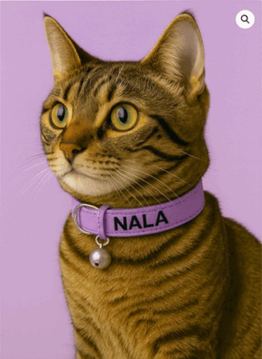 Gepersonaliseerde luxe lila leren kattenhalsband 15mm breed met bel-NaamopKado