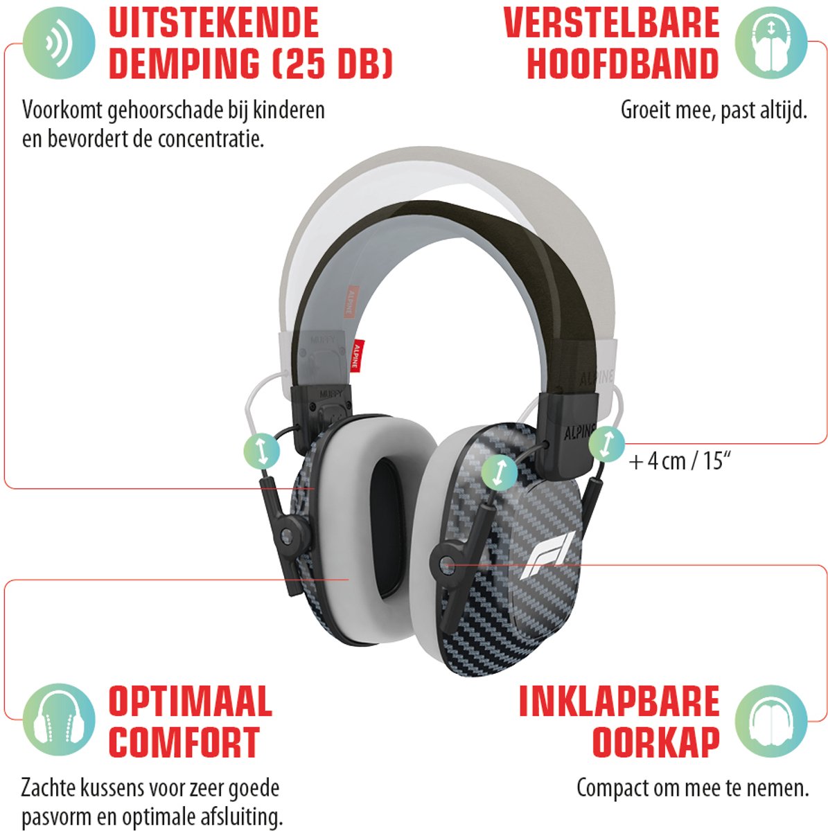 Alpine Muffy Kids Gehoorbescherming Kinderen 25 dB (5–16 Jaar) - Verstelbare Oorkappen voor Focus, School & Evenementen - Comfortabele & Opvouwbare Oorbeschermers - Formula 1® – foto 2