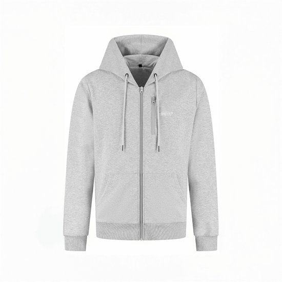 Grijze melange hoodie met rits en capuchon. Met een klein Wahrm logo op de borst en een ritsvakje.
