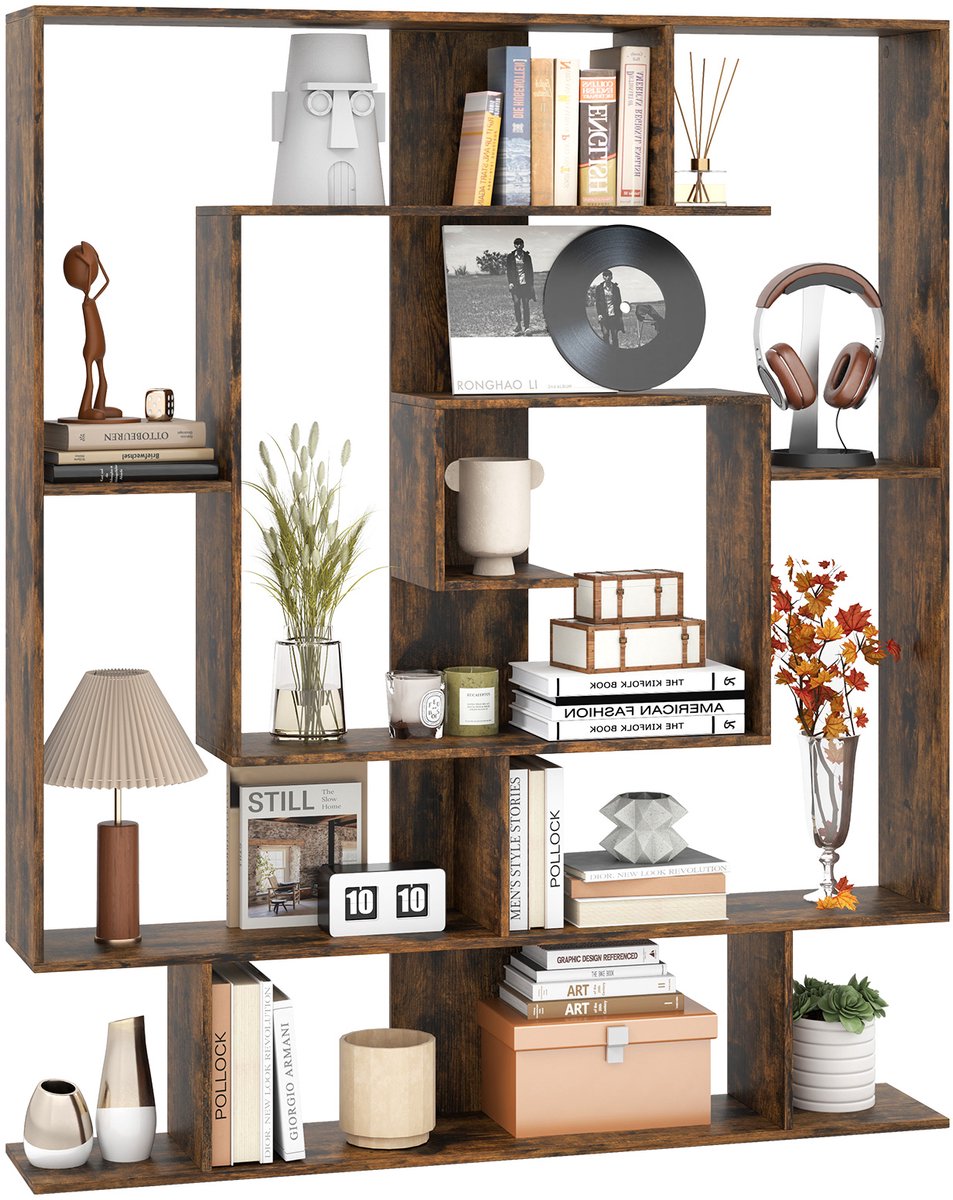 Costway Boekenkast met 7 niveaus, ruimteverdeler, geometrisch staand rek, kantoorplank, opbergrek voor woonkamer, werkkamer, kantoor, 125 x 22 x 150 cm (rustiek bruin)