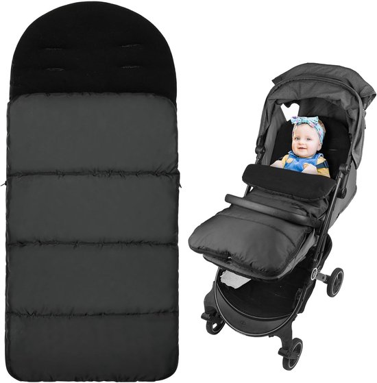 Voetenzak voor kinderwagen, thermo-voetenzak voor kinderwagen, universeel, voering van polarfleece, wintervoetenzak met ritssluiting, waterdicht, winddicht, machinewasbaar (zwart)