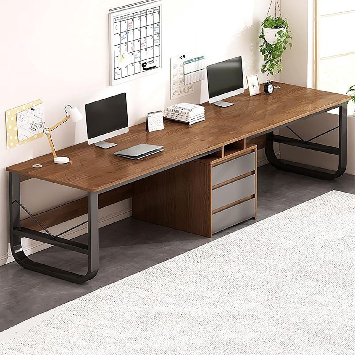 Duo 240 cm Dubbel Bureau met Lades – Extra Lang Computerbureau & Schrijftafel voor Thuiskantoor – Modern Industrieel Design in Donker Hout – Grote Werkplek voor 2 Personen – Novihome