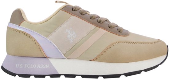 Baskets beiges avec rayures lilas et roses, logo U.S. Polo Assn. et texte sur la semelle.