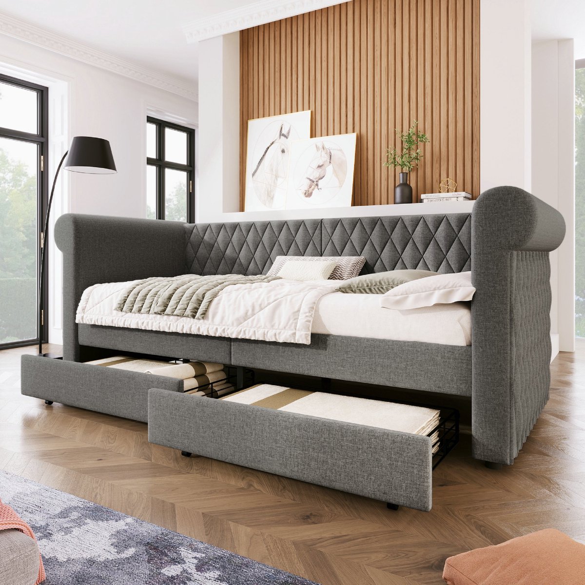 Gecapitonneerd bed van 90x200 cm met 2 opberglades - Vintage slaapbank met lattenbodem - in linnen - grijs