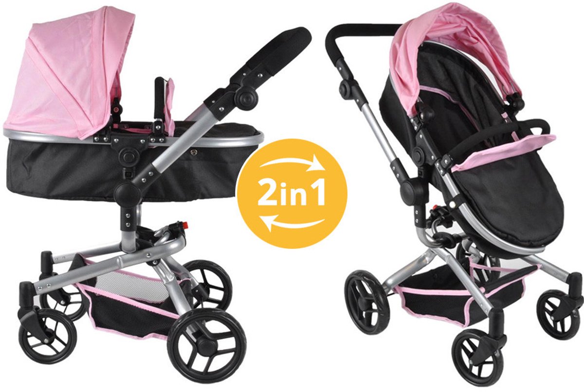 Bol.com Bandits & Angels Poppenwagen Roze Zwart Black Angel 2in1 Softpink vanaf 3 jaar - Poppenbuggy - Voor Meisjes - Verstelbar... aanbieding