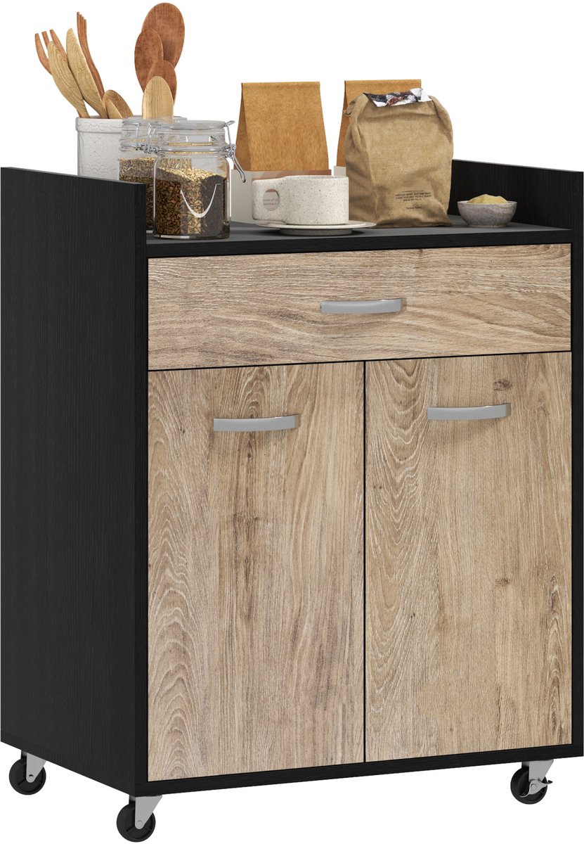 HOMCOM Keukenwagen - Spaanplaat - 60x40x77cm - Houtlook grijs, zwart