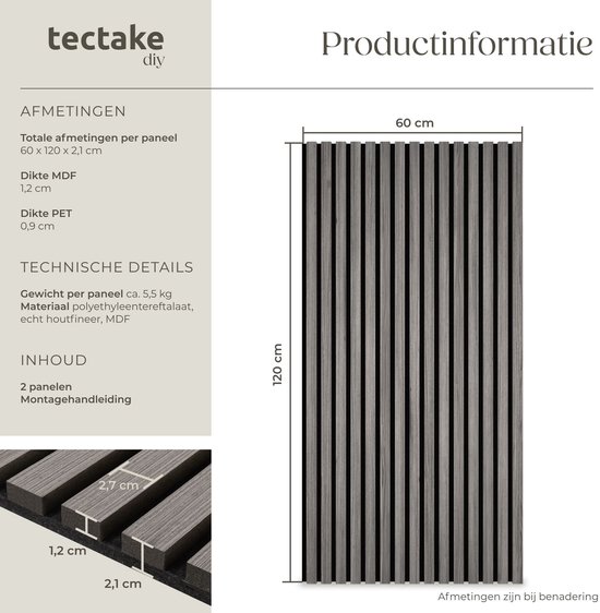 tectake® Akoestische Panelen - Set van 2 - Akoestisch Wandpaneel - 60 x 120 cm - 1,44 m² - Wandpanelen met Aanpasbare Grootte - Lattenwand van MDF en Houtfineer - Geluidsisolatie - Stijlvolle Wanddecoratie - Eenvoudige Montage - Eiken Lichtgrijs