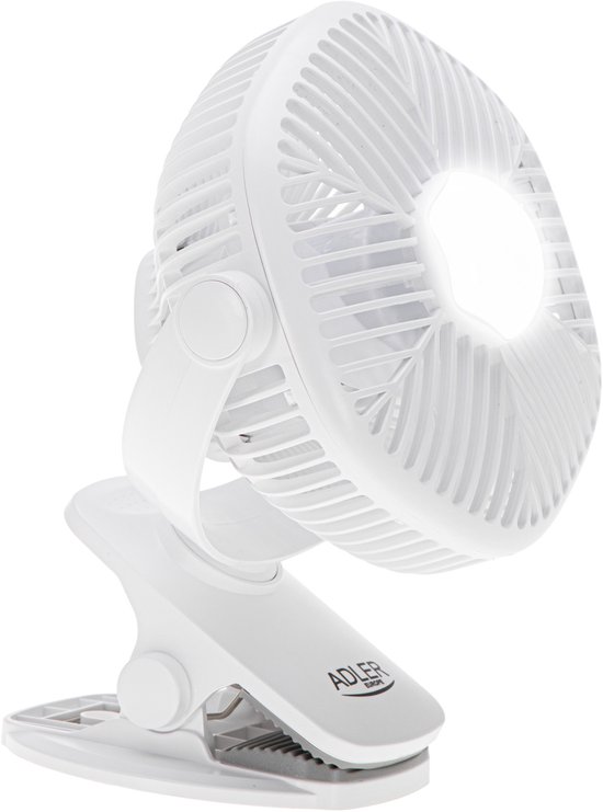 Draagbare oplaadbare ventilator met klem, LED-licht, 3 snelheden, 360° draaibaar, mini tafelventilator Adler AD 7335