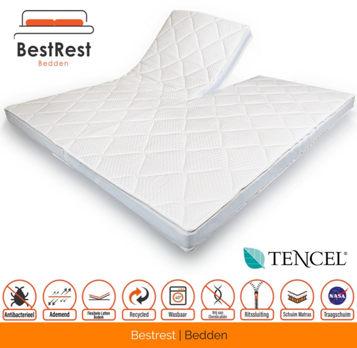 Topdekmatras - 200x210 - (MET SPLIT) Split Topper - Koudschuim - Topmatras - BestRest Bedden® - Tencel Hoes - Wit - Veerkrachtig