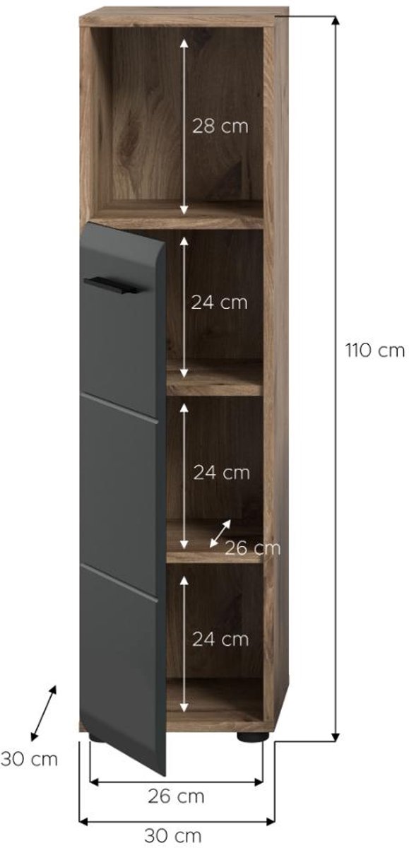 Ice badkamerkast 1 deur, 1 plank zwart mat, eiken decor.