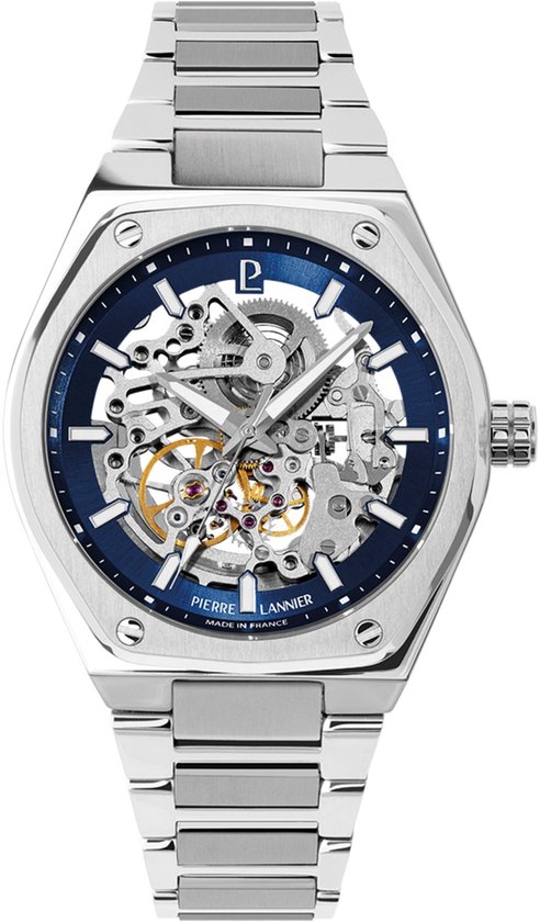 Zilverkleurig automatisch horloge van Pierre Lannier met een zilverkleurige metalen band en een blauw skelet wijzerplaat.