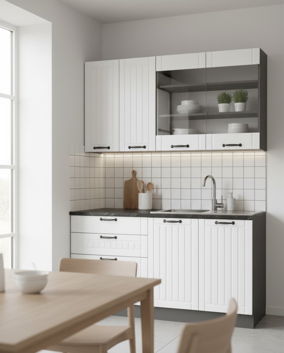 Eenpersoonskeuken 140x46x82 cm, Landhuis wit/antraciet keukenblok met soft-close laden, verstelbare plank en MDF fronten – Novihome