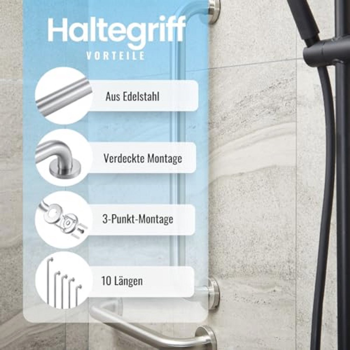 Handdoekhouder voor badkamer, 30 mm diameter, geborsteld roestvrij staal, opstahulp en handgreep voor senioren