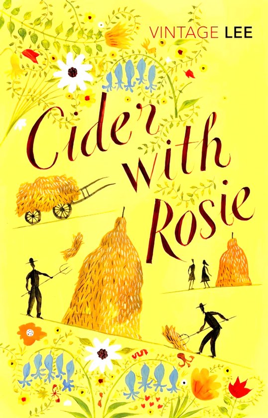 Couverture du livre 'Cider with Rosie' sur fond jaune, avec des travailleurs des champs et des meules de foin.
