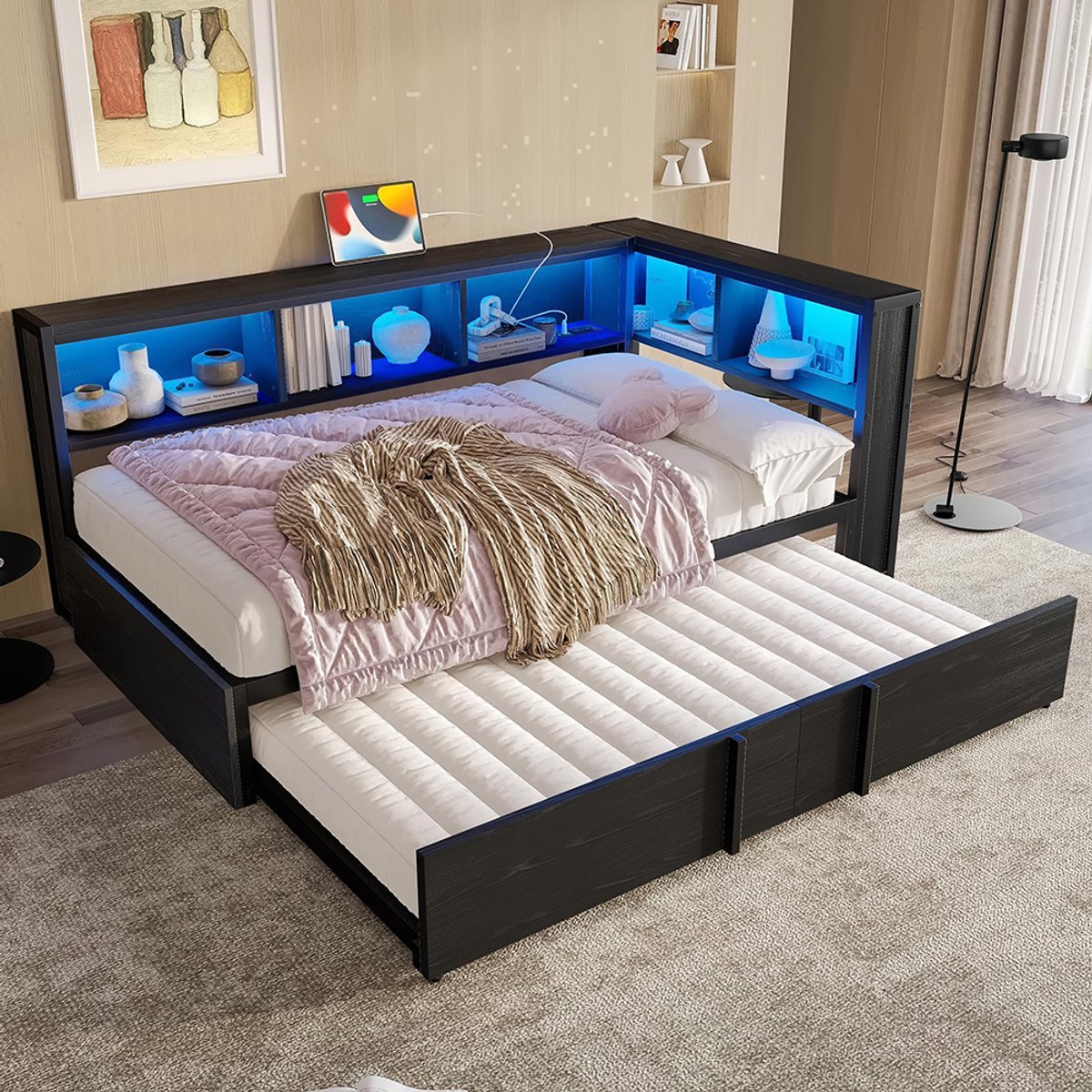 Pugsdrly Metalen dagbed, 90 x 200 cm, met uitschuifbaar bed, opbergkasten, ledverlichting en USB-poorten, zwart